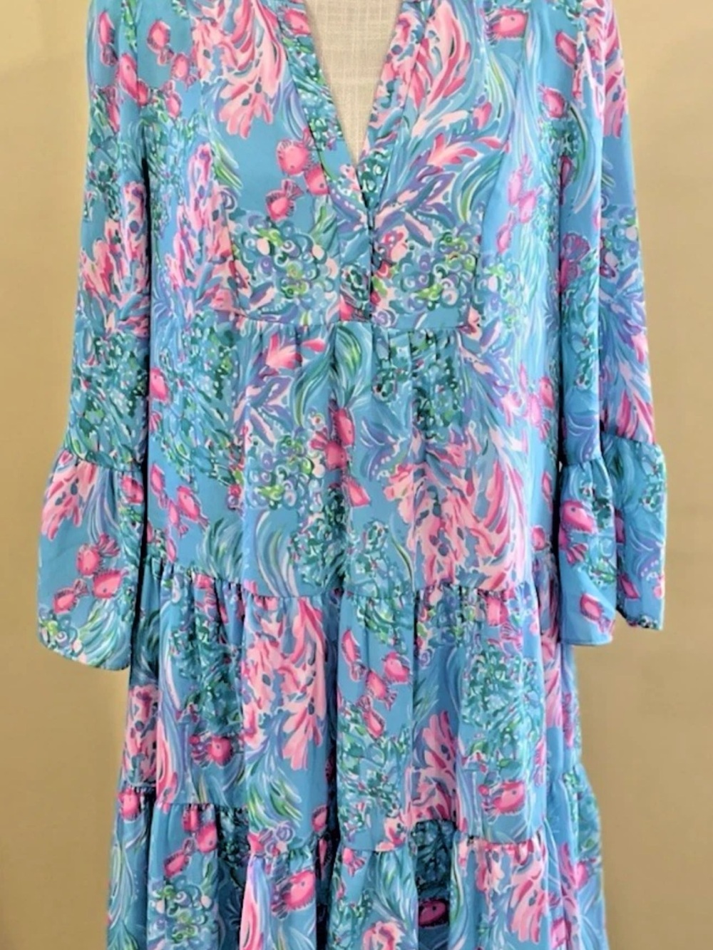 Lilly Pulitzer Dress Size 4 Floral Tunic Long-Sleeve Blue w/ Pink Green Accents